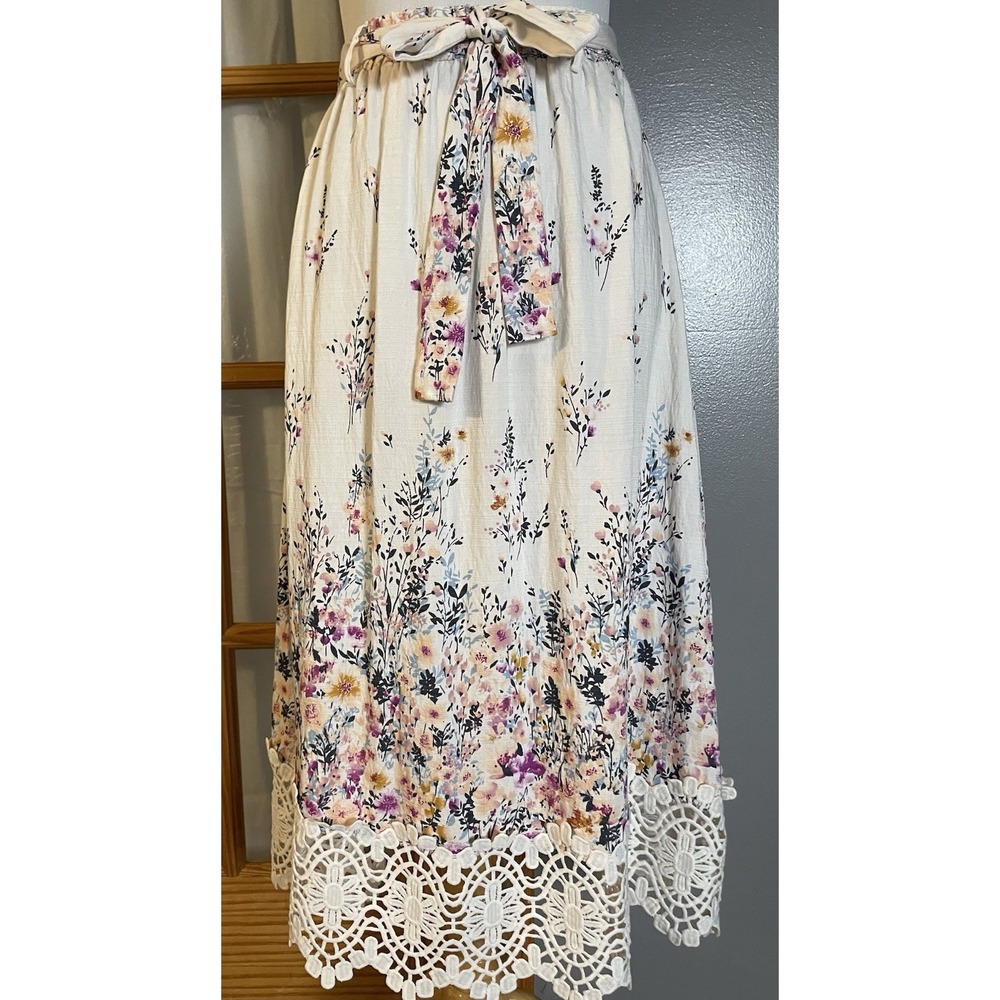 Alice Blue Belted Floral Midi Skirt Sz Sz S Scalloped Lace Hem Beige Pink Boho